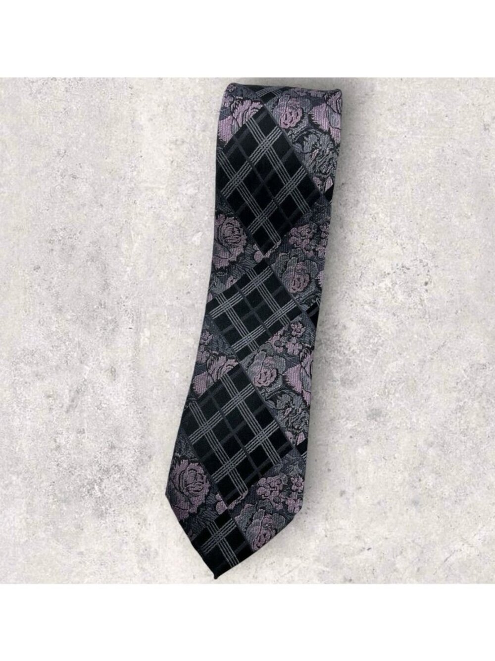 ZANETTI Silk Tie ITALY XL Black Gray Purple Tartan Floral W:3.4"